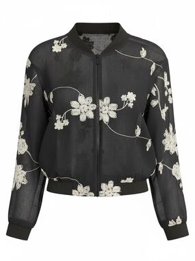Nacre Black Semi-Sheer Embroidered Floral Zip-Up Bomber Jacket XXL